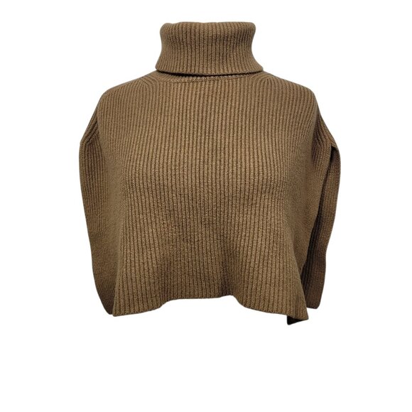 Cecile Wang Women’s Brown Ribbed Turtleneck Cropped Poncho One Size - Picture 1 of 7